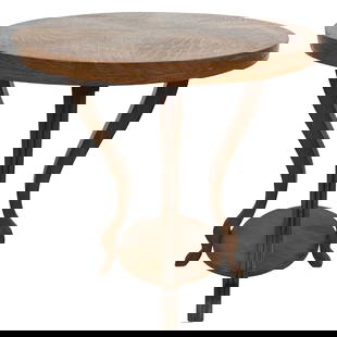 ART DECO ROUND SIDE TABLE: Dimensions: H 23.5” x W 22”. French Art Deco round coffee or side table with small lower shelf.