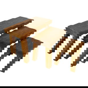 (3) BRUTALIST NESTING TABLES: Dimensions: H 15.3”/13”/11” x W 22”/15”/8” x D 11.3”/. Set of 3 Brutalist oak nesting tables.