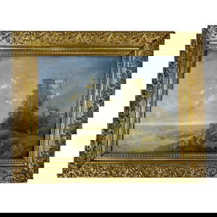 ANTIQUE OIL ON CANVAS PAINTING, 1840: Dimensions: H 16.3&rdquo; x W 20.7&rdquo;. Oil on canvas painting Landscape with gilded wood frame. Signed 1840s.