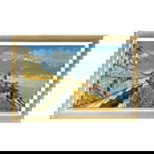 VIEW OF SAINT SAPHORIN, SIGNED: Dimensions: H 26&rdquo; x W 38&rdquo;. Oil on canvas painting “View of Saint Saphorin&rdquo; with wooden frame. Signed.