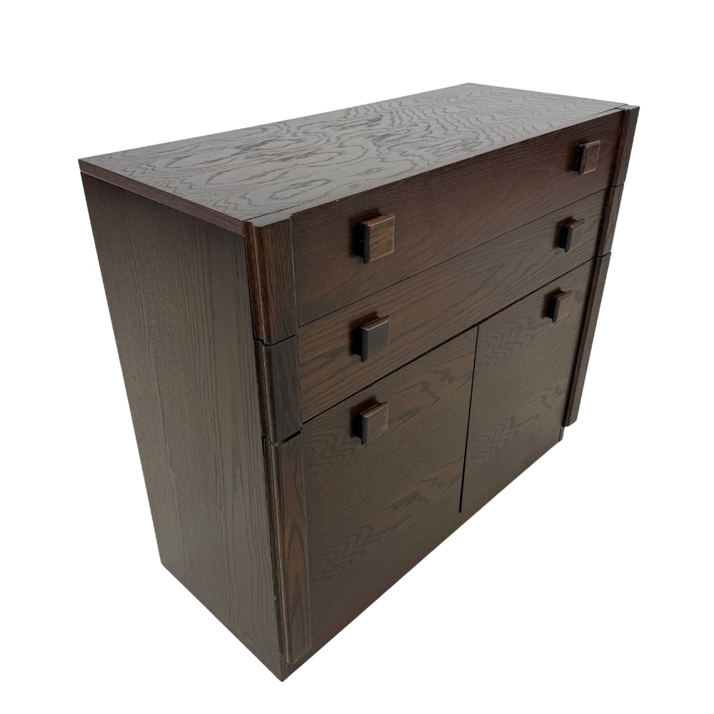 BRUTALIST DUTCH CHEST OF DRAWERS: Dimensions: H 31.5” x W 36.3” x D 15.5”. Mid-Century Modern Dutch Brutalist chest of drawers with 3 drawers with wooden handles.
