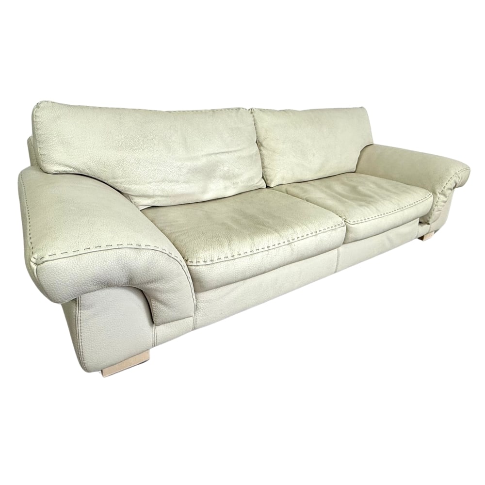 ROCHE BOBOIS WHITE LEATHER SOFA: Dimensions: H 30” x W 88.3” x D 41.5” x SH 14”. Roche Bobois two-seat sofa in white leather with removable cushions.