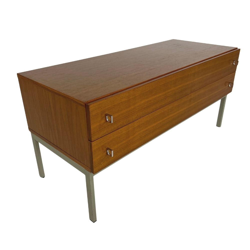 BRASILIA WERK CHEST OF DRAWERS: Dimensions: H 18.5” x W 39.3” x D 16.3”. Vintage chest of drawers/commode Brasilia Werk from 1960s with two drawers with metal handles.