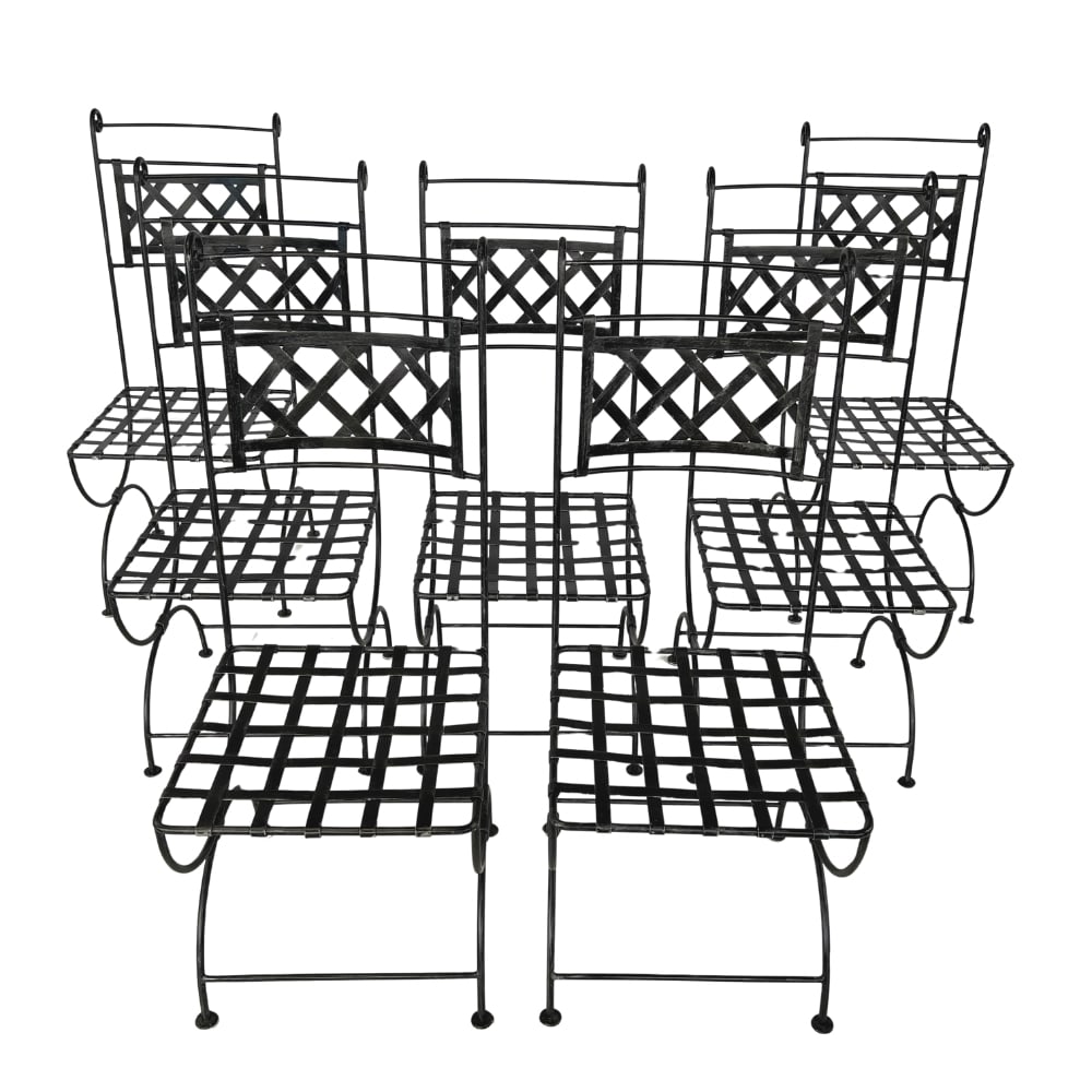 (7) FRENCH CAST IRON GARDEN CHAIRS: Dimensions: H 41” x W 17” x D 22” x SH 17”. Set of 7 French high back cast iron garden chairs.