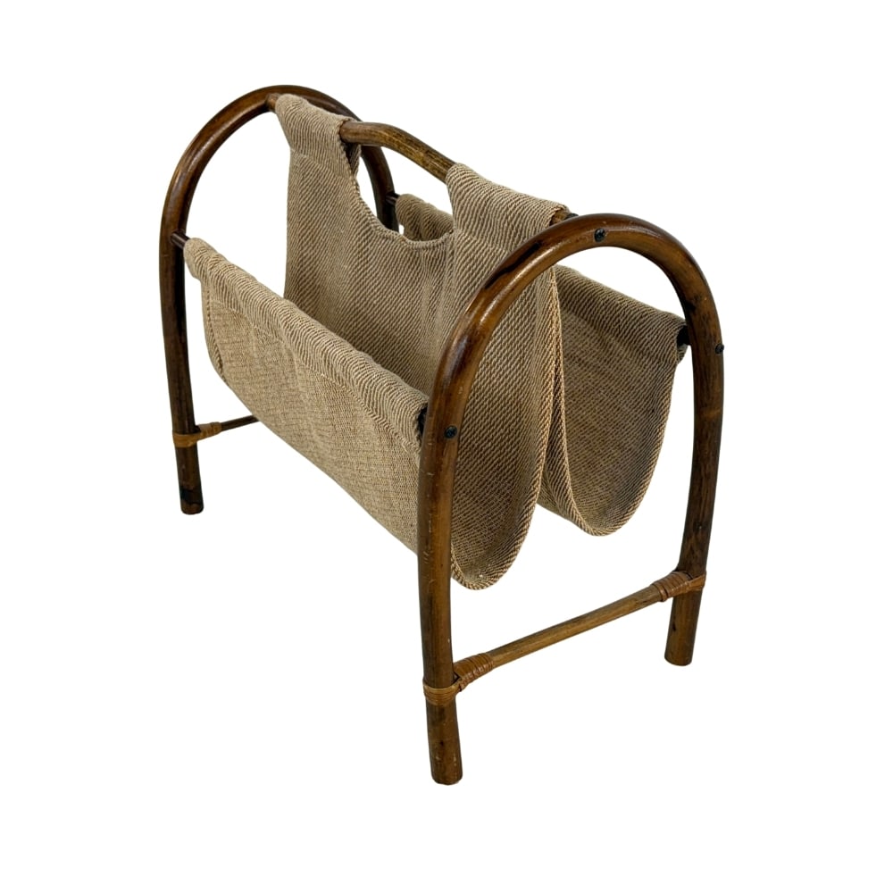DUTCH BAMBOO MAGAZINE RACK: Dimensions: H 15” x W 17.5” x D 9”. Bentwood bamboo magazine rack with double fabric slings.
