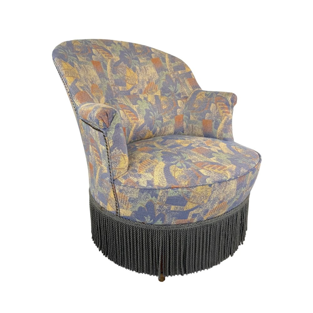 FRENCH NAPOLEON III ARMCHAIR: Dimensions: H 32” x W 27.5” x D 28.5” x SH 16”. French Napoleon III style armchair with original upholstery with fringes.