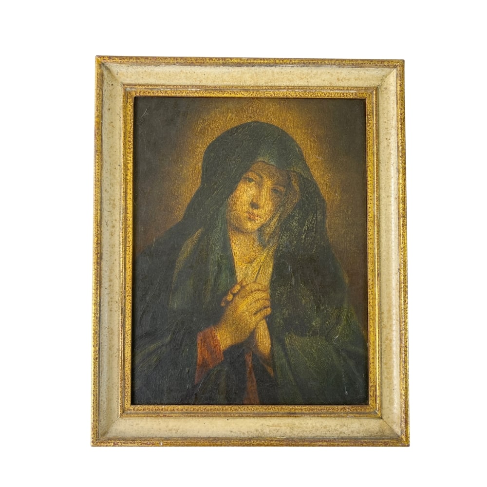 MADONNA IN PRAYER OIL ON CANVAS, L. PEPIN: Dimensions: H 16.3” x W 13.3”. Oil on canvas framed painting “Madonna in Prayer”, signed L. Pepin.