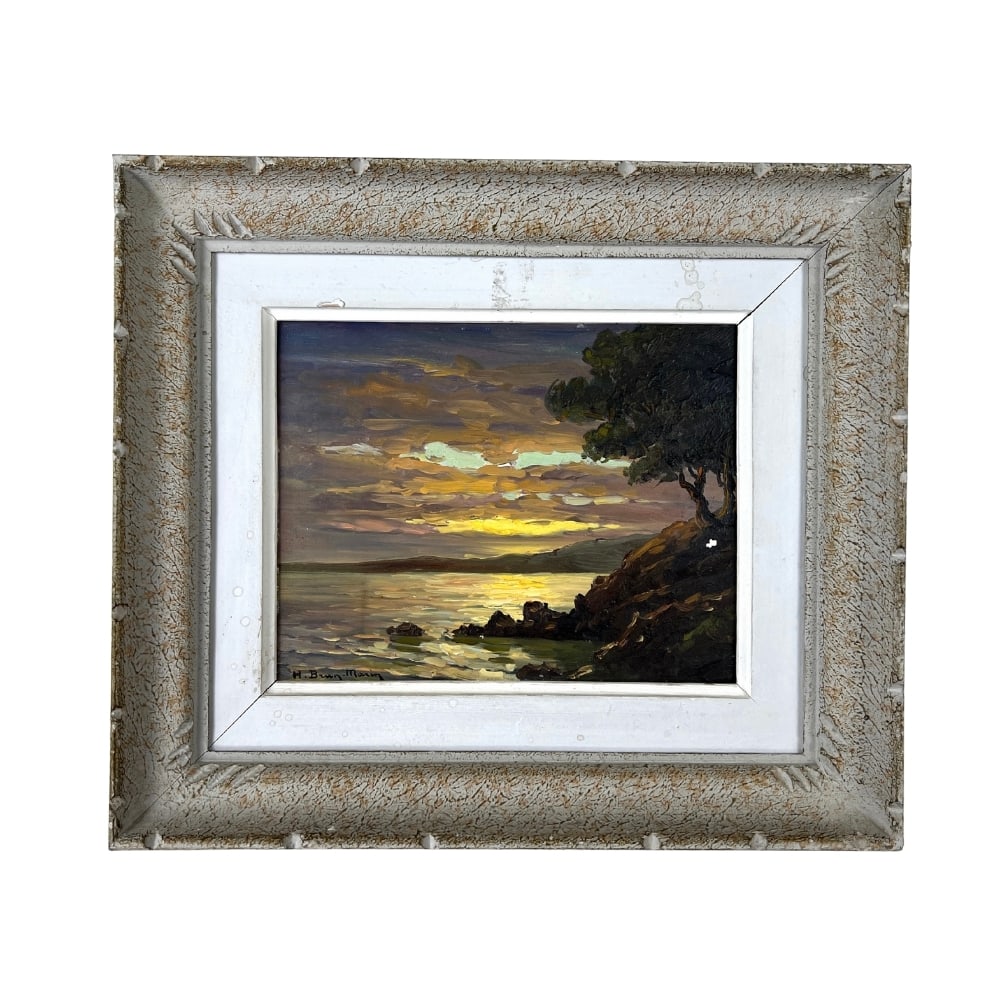 H. BRUN-MARIN OIL SEASCAPE: Dimensions: H 12” x W 14”. H. Brun-Marin oil on canvas painting “Seascape” with wooden frame.