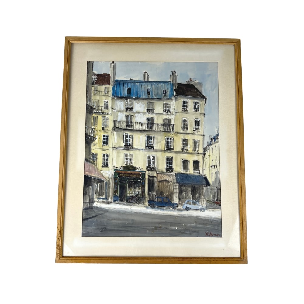 J.P. REMON WATERCOLOR PAINTING: Dimensions: H 31” x W 25”. Jean Pierre Remon “Vue de Paris” watercolor painting with wooden frame.
