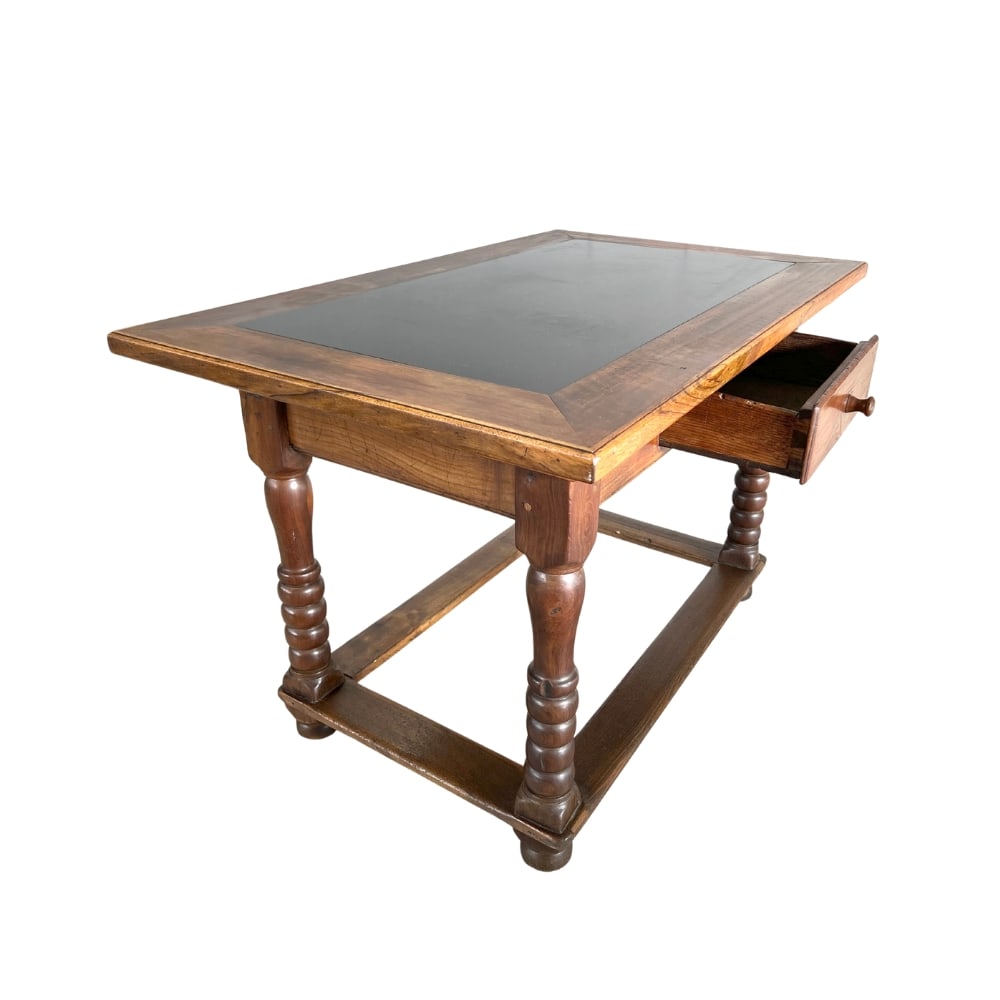 18c FRENCH BARLEY TWIST STONE TOP TABLE/DESK: Dimensions: H 30” x W 47” x D 29”. Rare 18c French small table with a stone top and one central drawer.