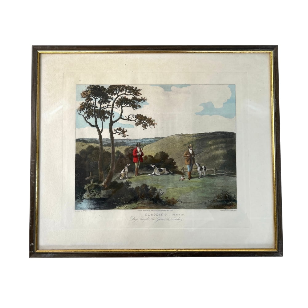 T. SUTHERLAND ENGARVING: Dimensions: H 16.7" x W 19.7”. T. Sutherland framed engraving “Shooting Plate III”.