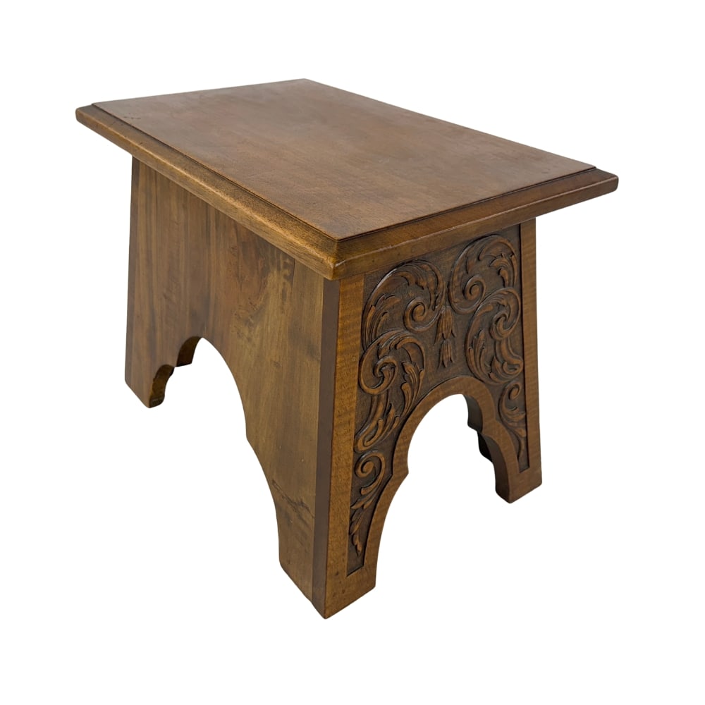 ANTIQUE CARVED WOOD FOOTSTOOL: Dimensions: H 15.3” x W 19.5” x D 12.7”. Antique French carved wood footstool.