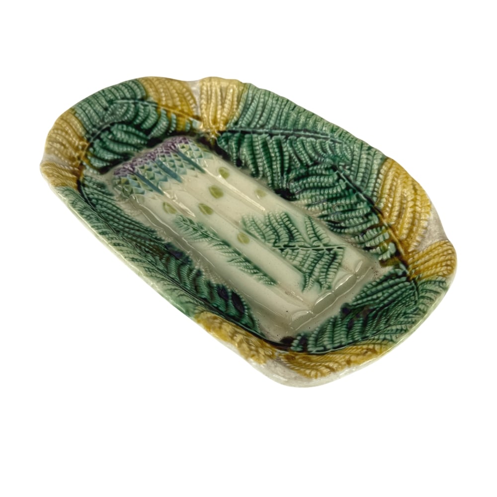 SALINS MAJOLICA ASPARAGUS PLATTER: Dimensions: W 13.5” x D 8”. 19c French Majolica asparagus platter by Salins. Marked.