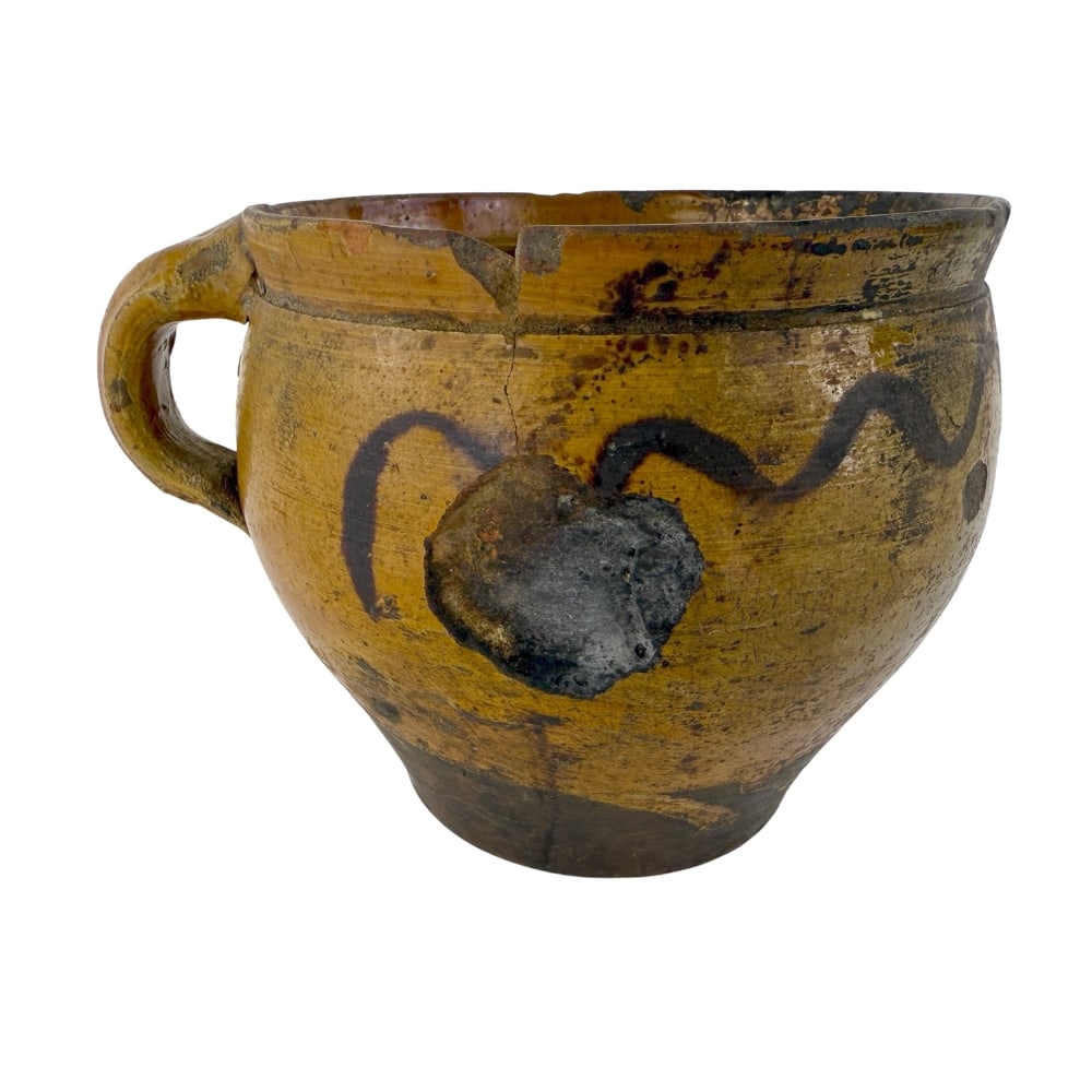 ANTIQUE EUROPEAN CLAY MUG: Dimensions: H 5.7” x W 7.3”. Antique European clay mug with handle.