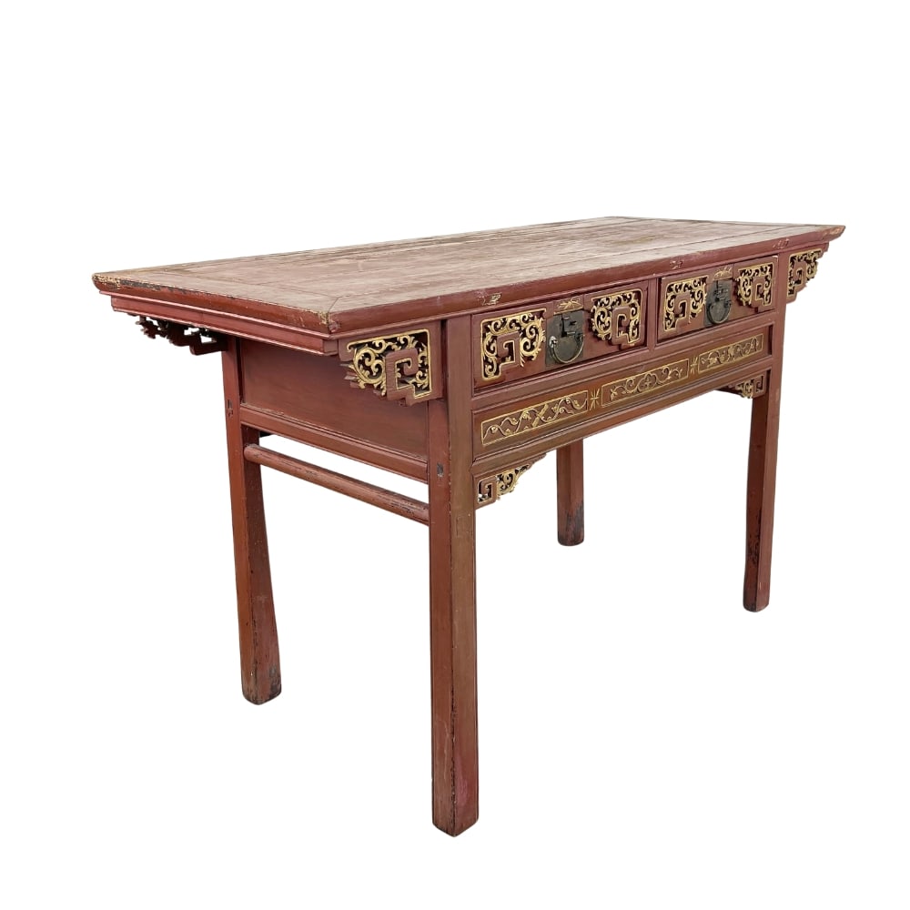 ANTIQUE CHINESE CARVED WOOD CONSOLE TABLE: Dimensions: H 35.3" x W 58.3" x D 25". Chinese carved wood altar table, painted in red and gold with two drawers with brass handles.