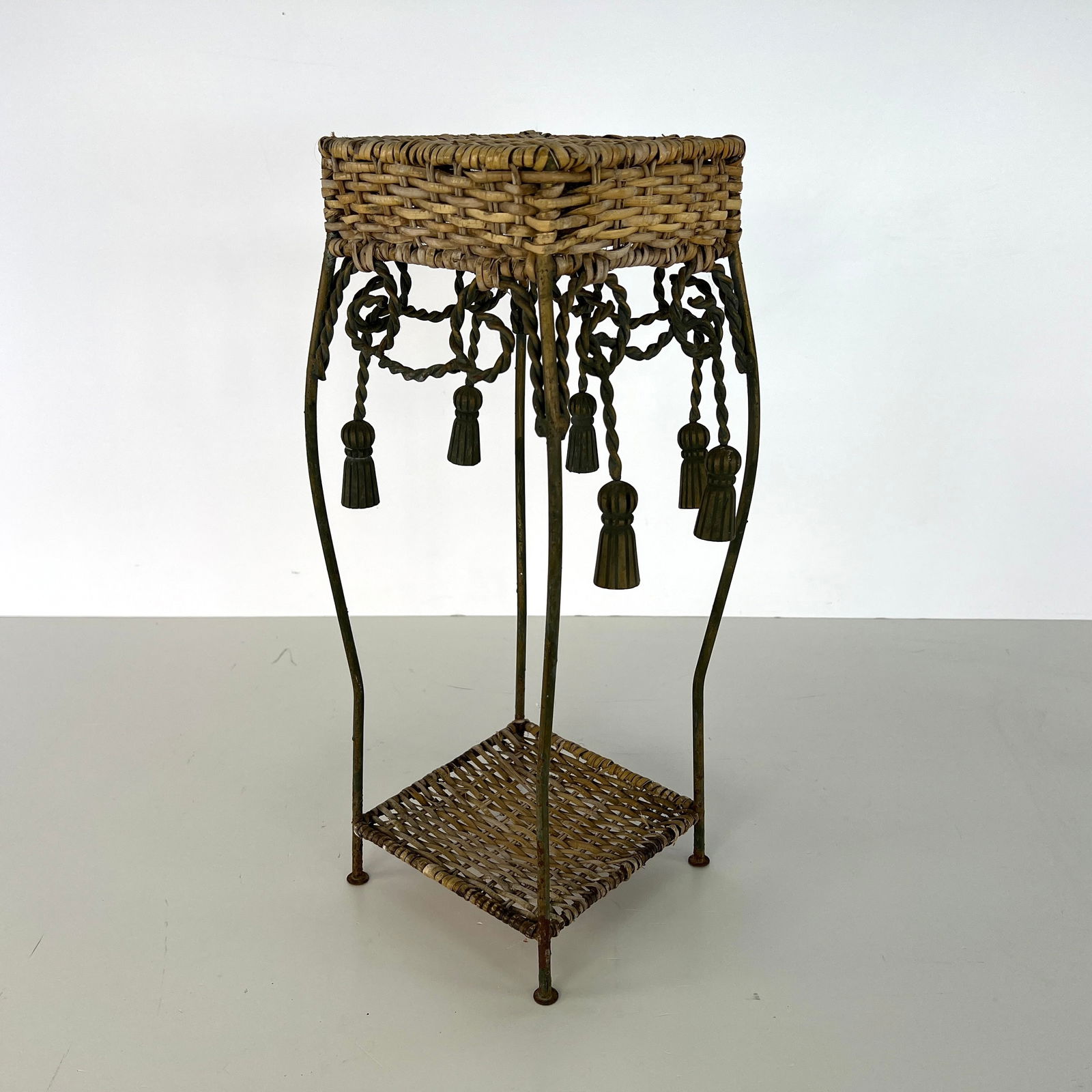 ORNATE IRON AND WICKER PLANT STAND (1 of 6)