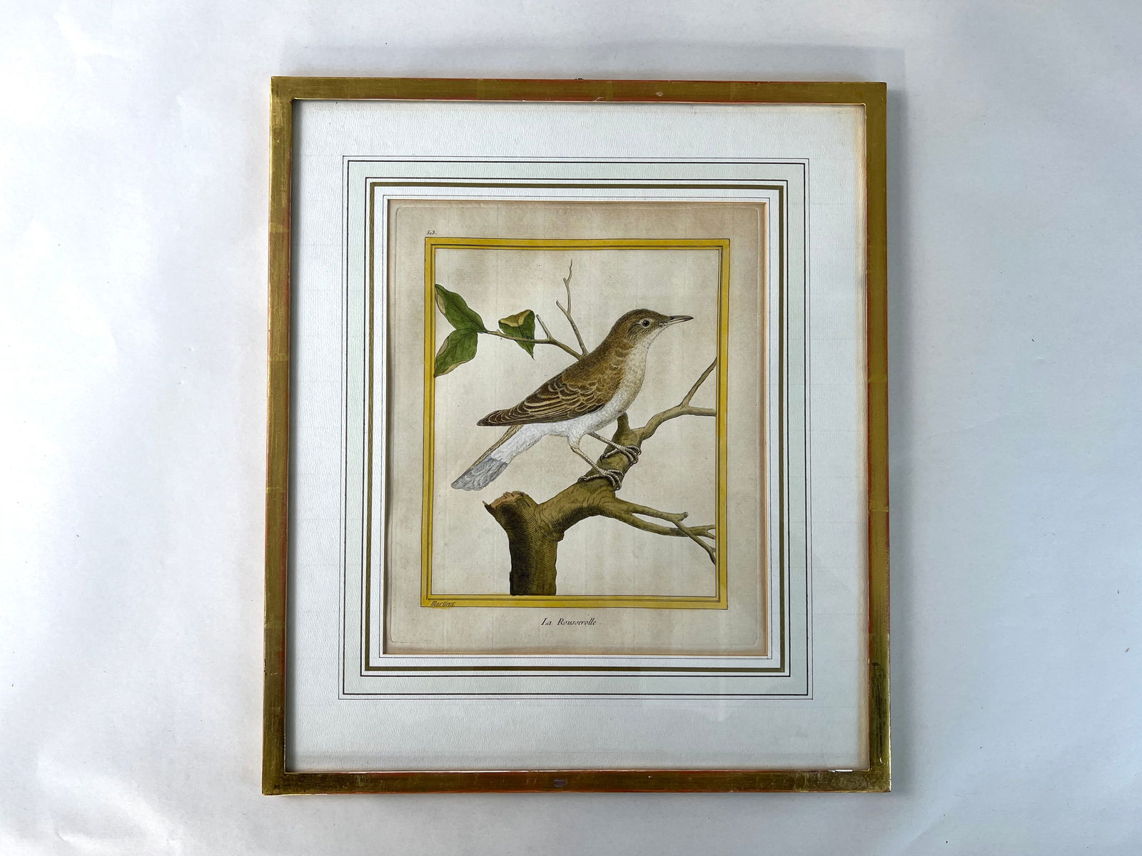 ENGRAVING PAINTING BY F. MARTINET: Dimensions: H 16” x W 14”. Engraving painting La Rousserolle by F. Martinet, framed.