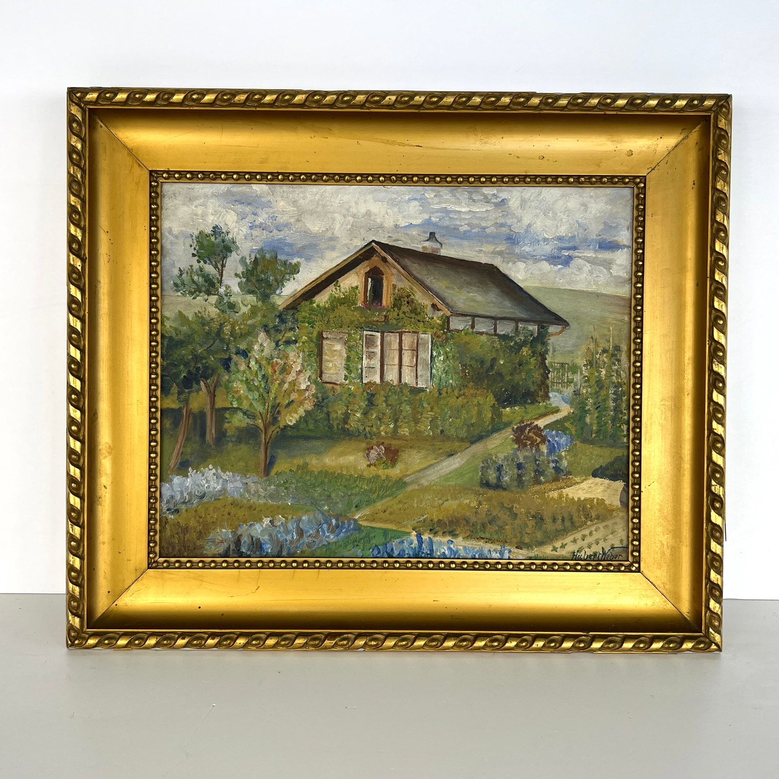 “LA MAISONETTE” OIL ON CANVAS BY H. WEBER, 1920s: Dimensions: 17.7” x W 20.7”. “La Maisonette” oil on canvas painting with gilded wood frame by Hubert Weber.