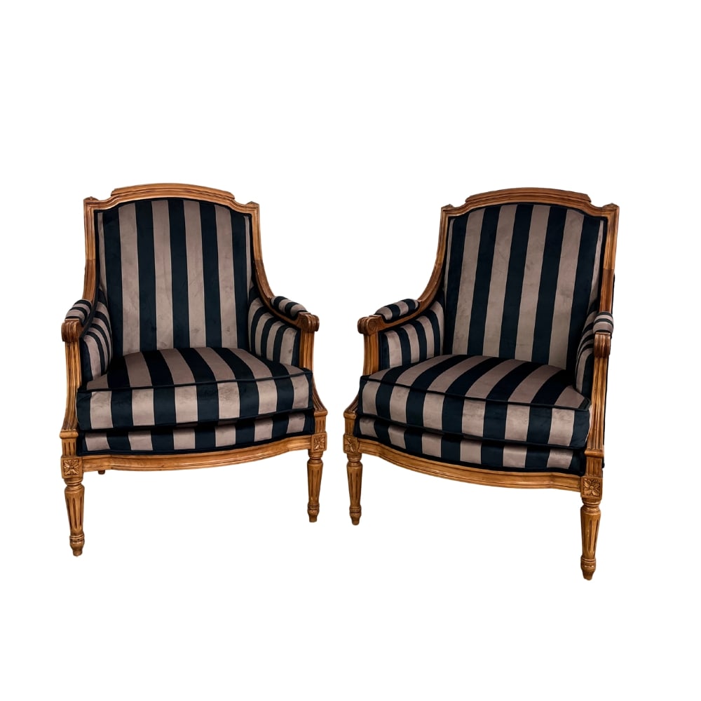 CUSTOM FRENCH LOUIS XVI ARMCHAIRS, A PAIR: Dimensions: H 38” x W 26.3” x SD 21.7” x SH 18.5”. Pair of French Louis XVI style armchairs, newly upholstered in custom fabric by Laurent Lacroix.