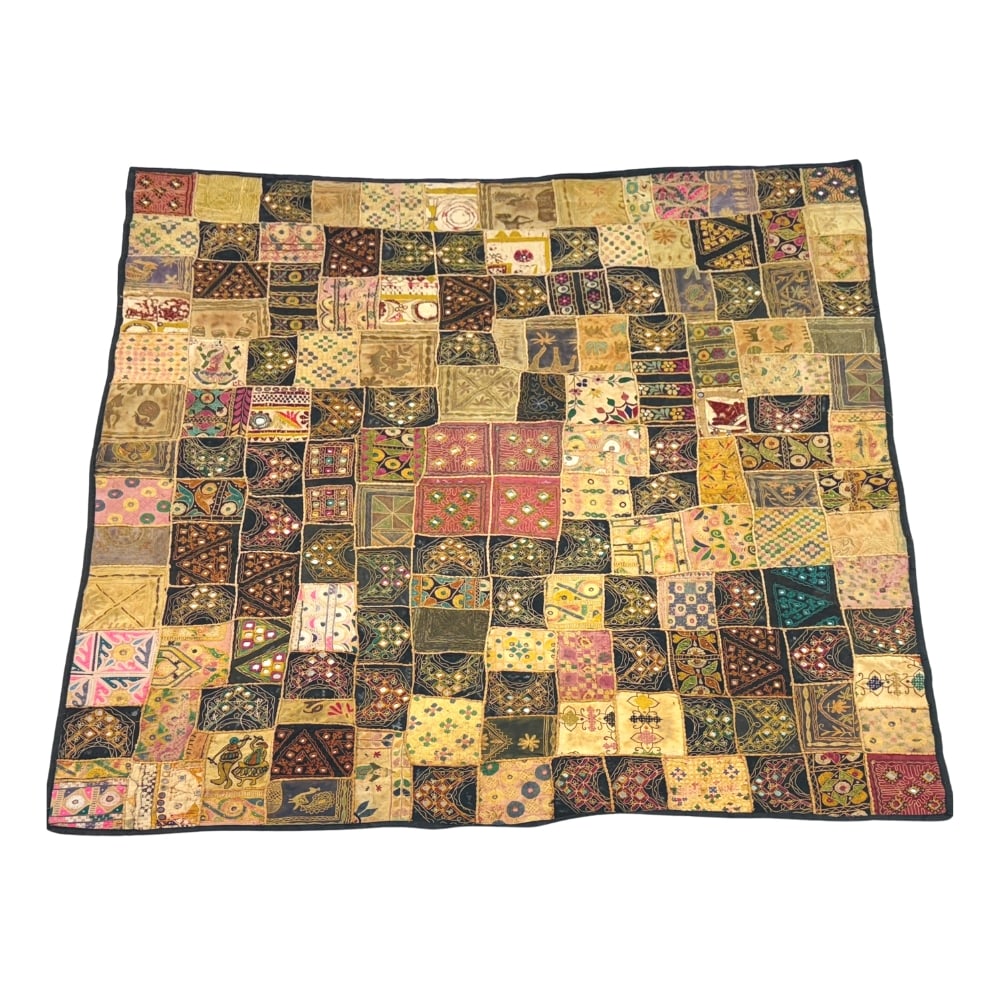 VINTAGE INDIAN PATCHWORK EMBROIDERY: Dimensions: H 7’2 x W 6’9. Vintage Indian silk and cloth patchwork embroidery.