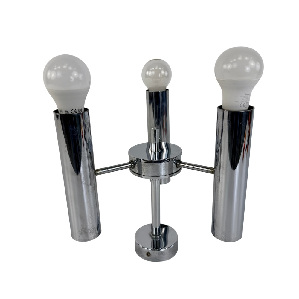 SPACE AGE CHANDELIER MANNER OF HUSTAD LEUCHTEN: Dimensions: H 11” x W 10.5”. Space Age three-light chromed steel chandelier manner of Hustad Leuchten from 1960s.