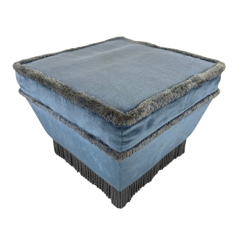 BLUE VELVET POUF: Dimensions: H 16” x W 20”. Vintage French blue velvet pouf with fringes.