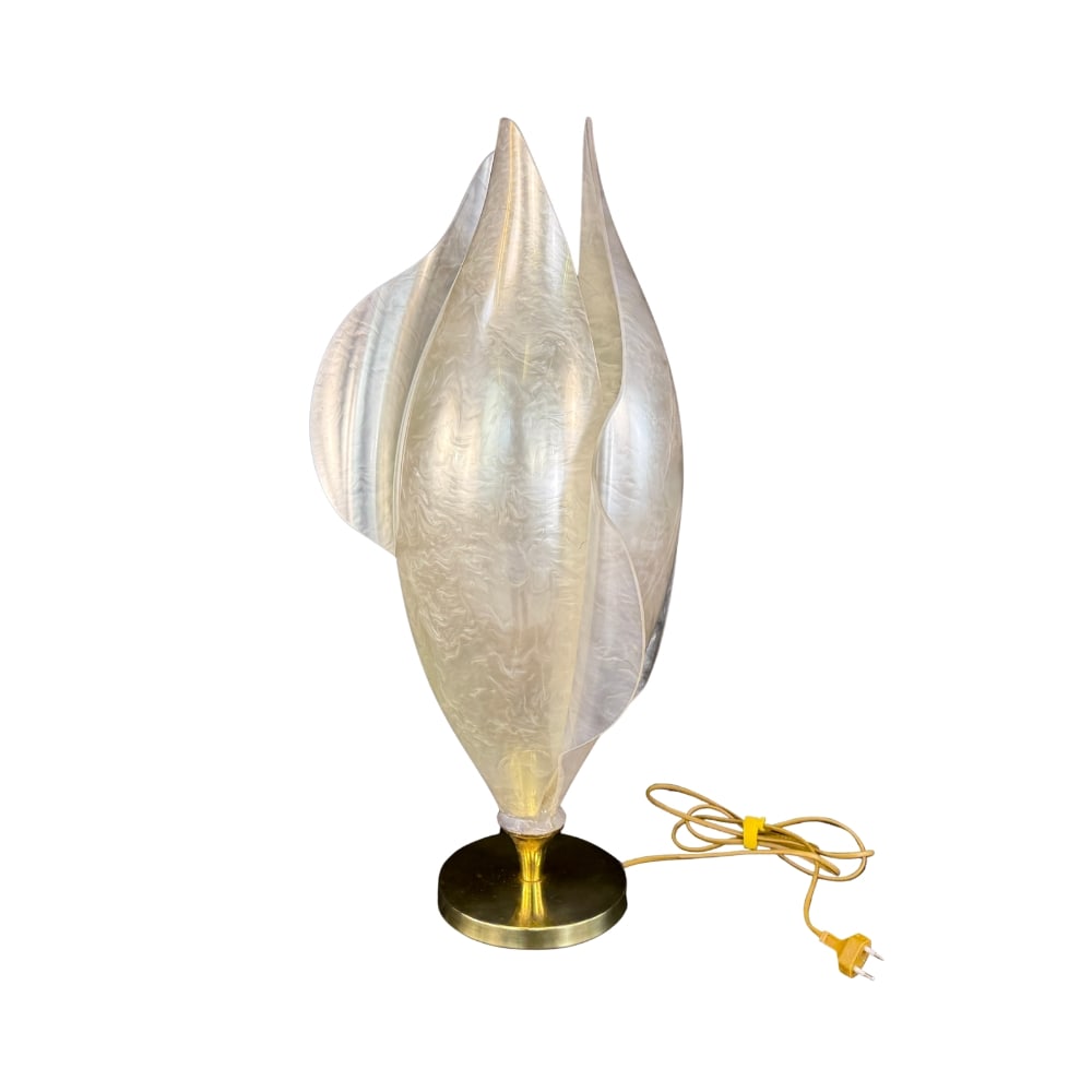 SHELL LAMP BY ROUGIER, FRANCE, 1980s: Dimensions: H 26.5” x W (base) 7”. Vintage Shell lamp by Maison Rougier with brass base and pearlescent acrylic resin diffuser.