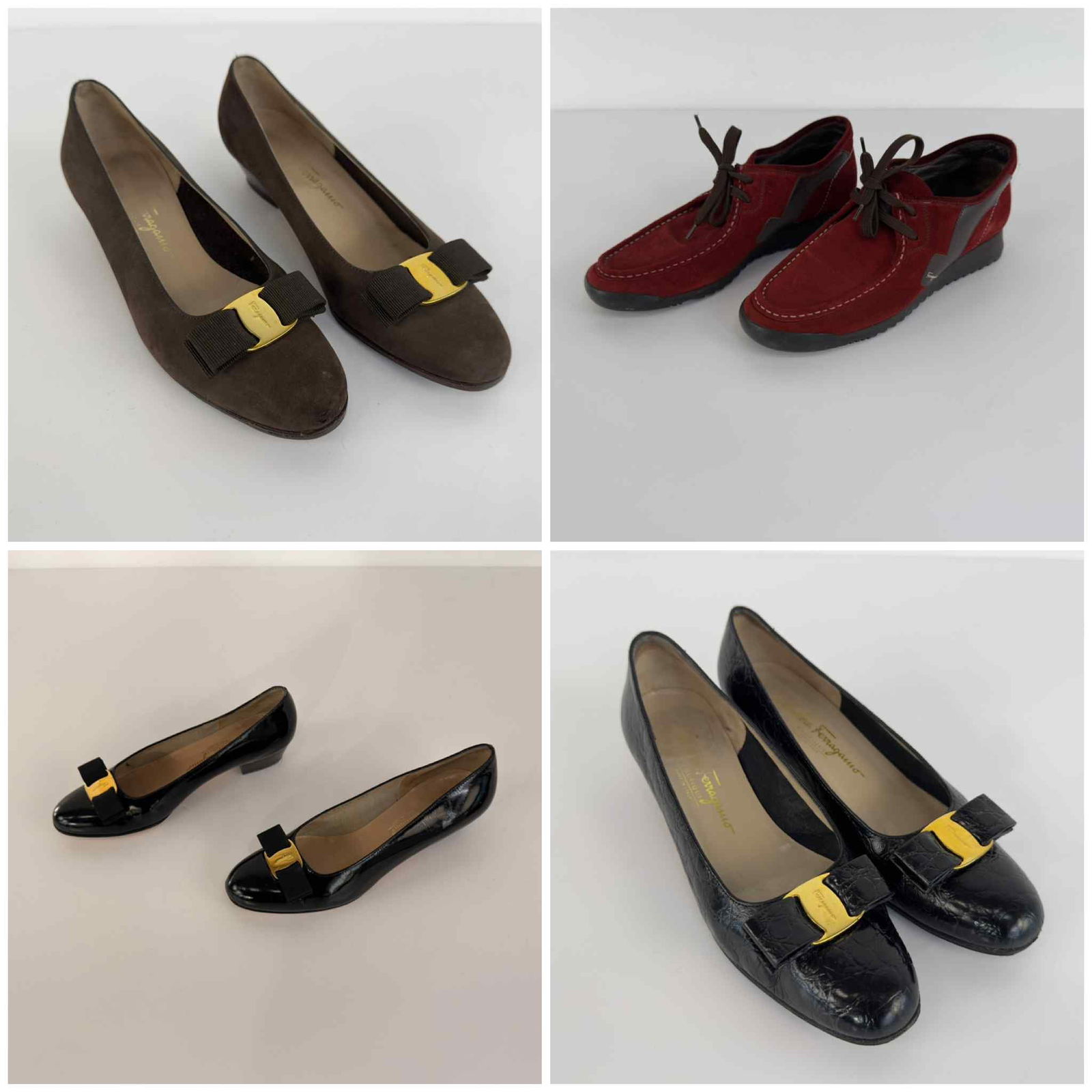 LOT 4 SALVATORE FERRAGAMO SHOES: Salvatore Ferragamo Vara Boutique black calf leather low heels, size 38/39 (US 8), with box. / Salvatore Ferragamo Vara Boutique black leather low heels, size 38/39 (US 8), with box. / Salvatore Ferra