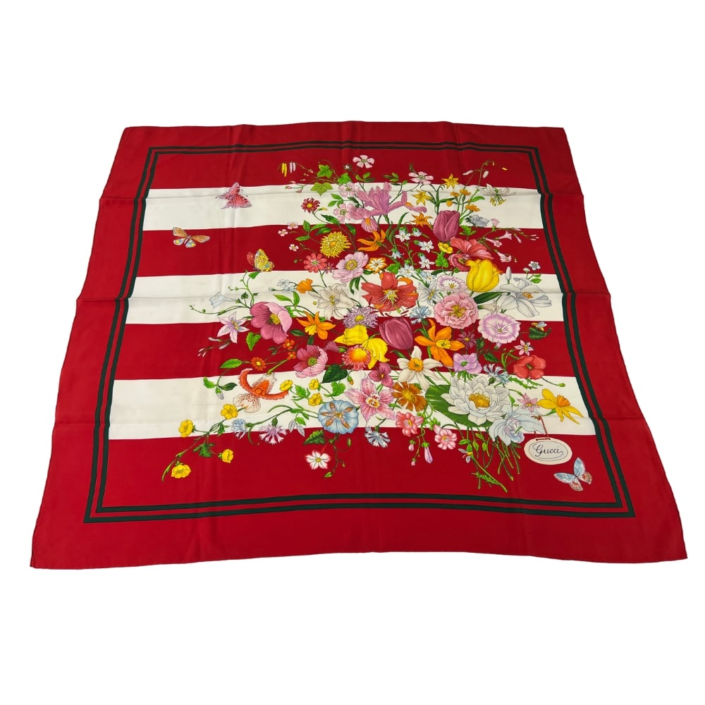 GUCCI FLORA SILK SCARF: Dimensions: H 32.3” x W 34”. Vintage Gucci Flora silk scarf with floral design.