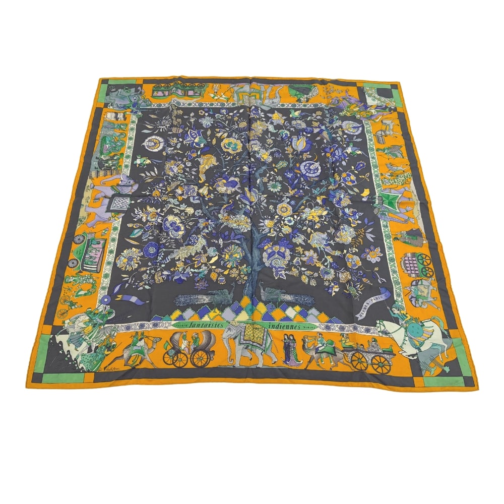 HÈRMES CARRE 90 SILK SCARF: Dimensions: H 34” x W 34”. Hèrmes Carre 90 “Fantaisies Indiennes” silk scarf, designed by Loic Dubigeon.