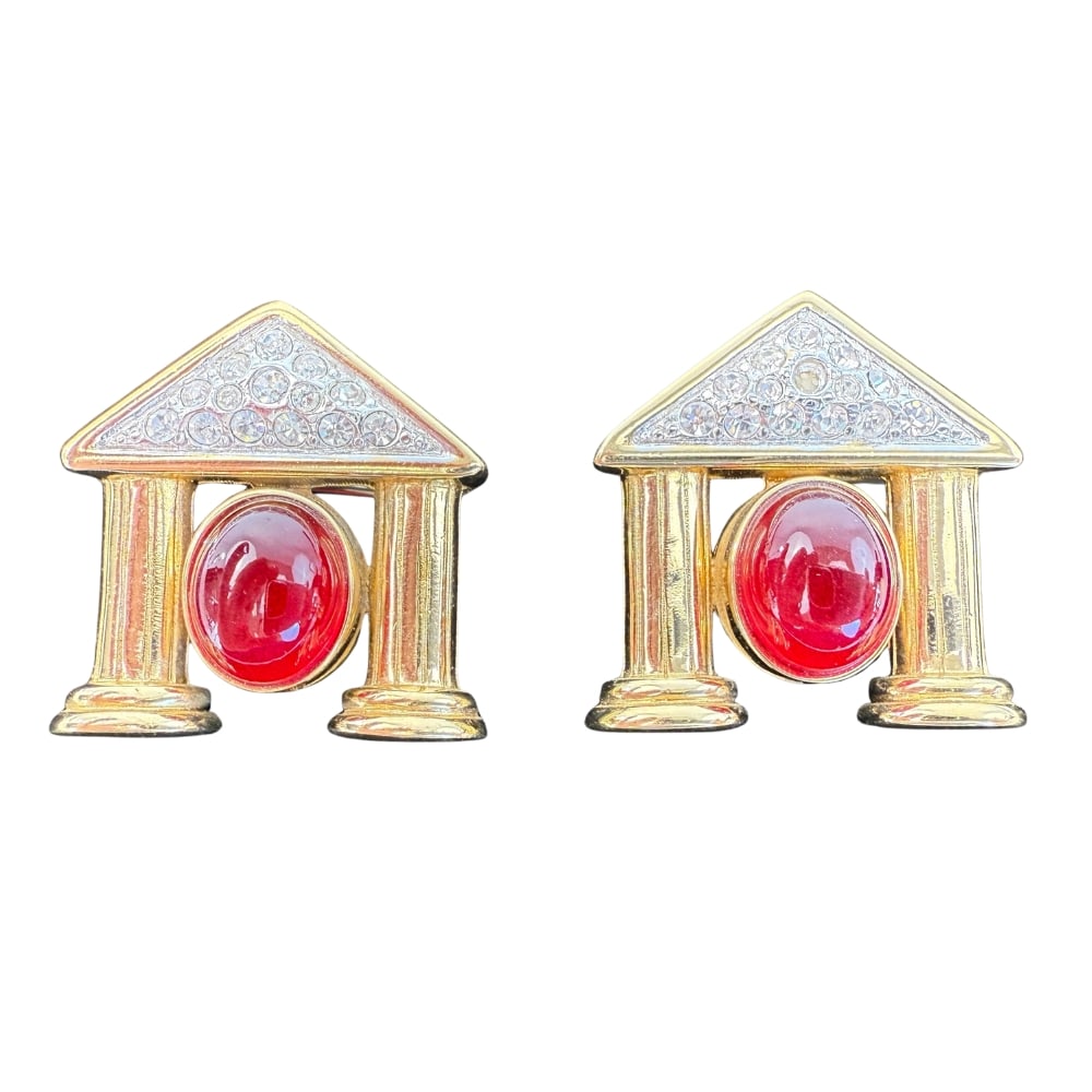 KENNETH J. LANE BROOCHES, A PAIR: Dimensions: W 1.3”. Vintage Kenneth J. Lane brooches with white and red rhinestone.