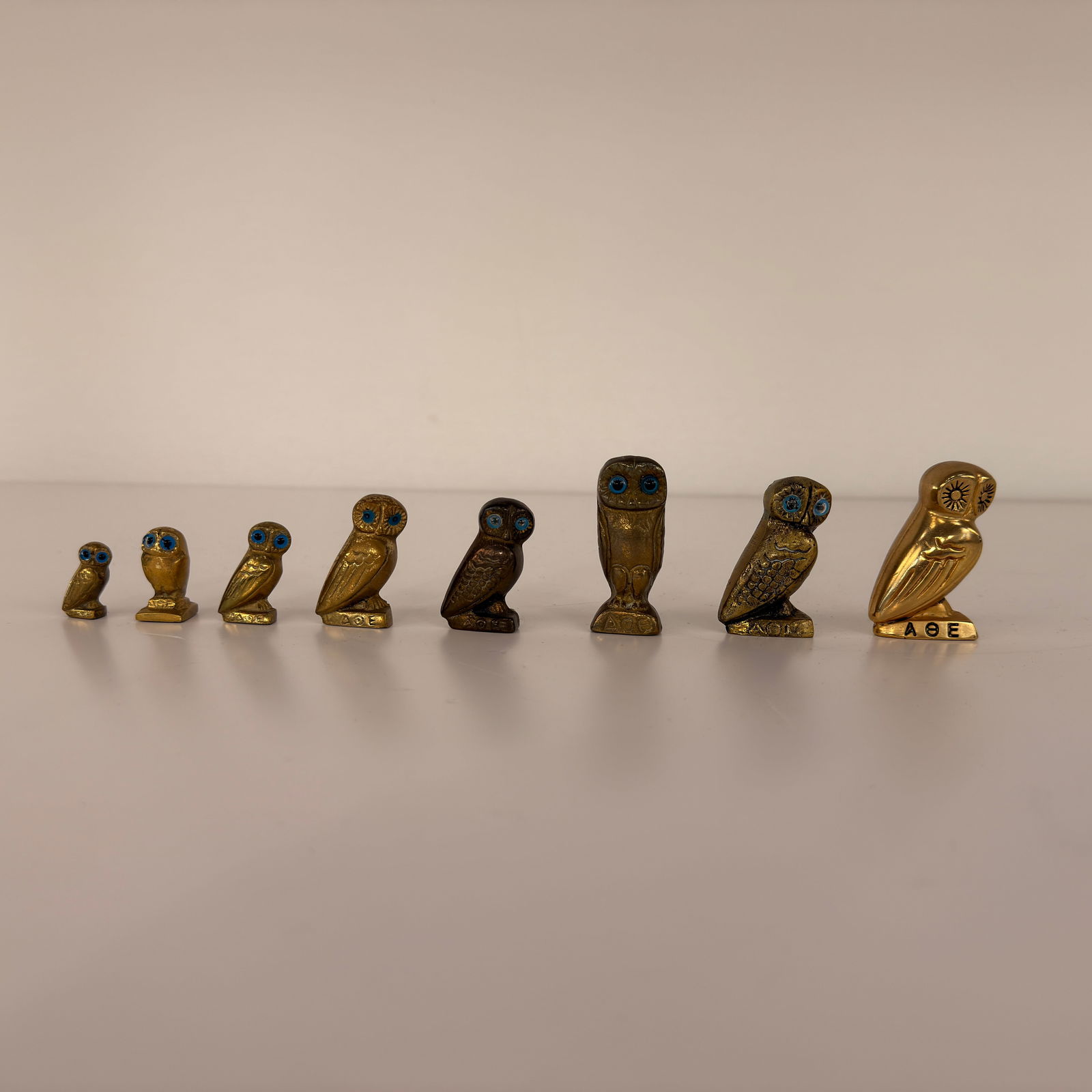 (8) BRONZE OWLS OF ATHENA: Set of 8 bronze Owls of Athena, Greek symbol of Wisdom