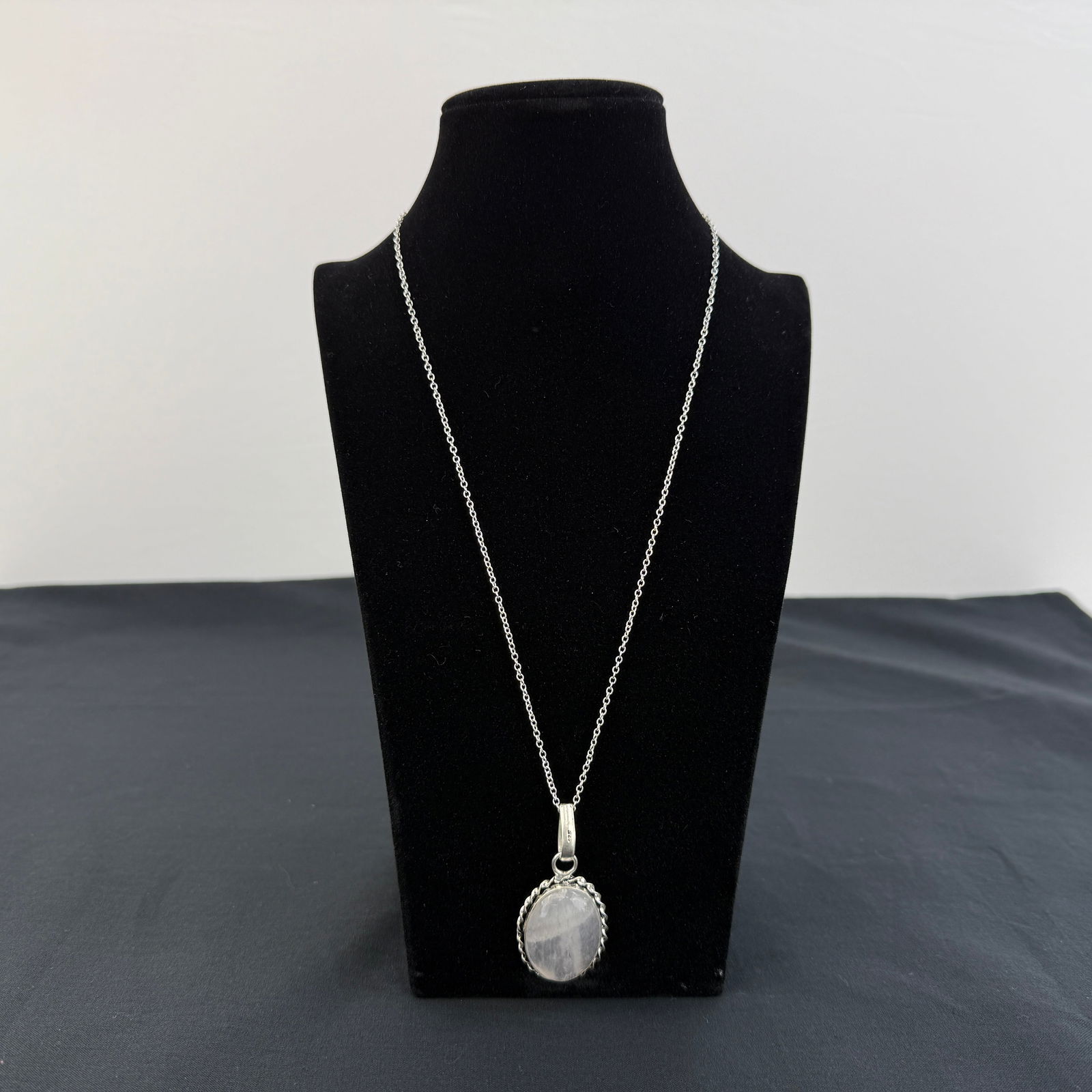 SILVER NECKLACE: Dimensions: W 11.5”/ 14g. Silver (925) necklace with moonstone pendant.