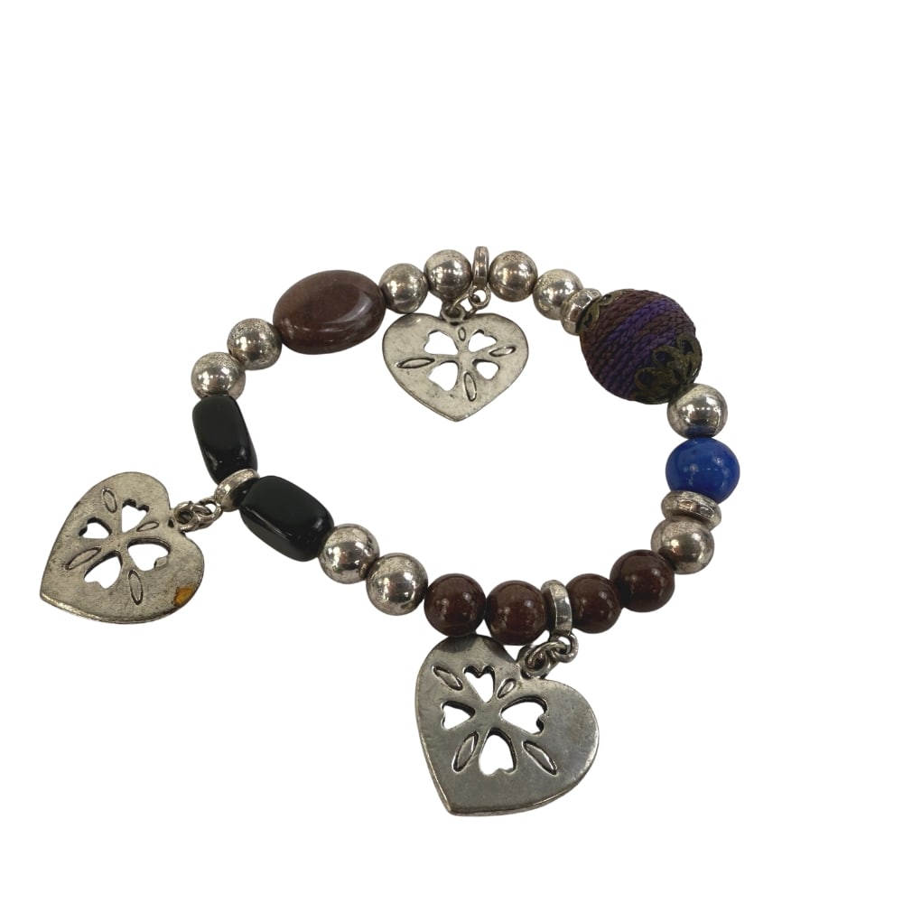 VINTAGE BEADED BRACELET: Dimensions: Diam. 4”. Vintage silver-tone bracelet with heart pendants and natural stones.