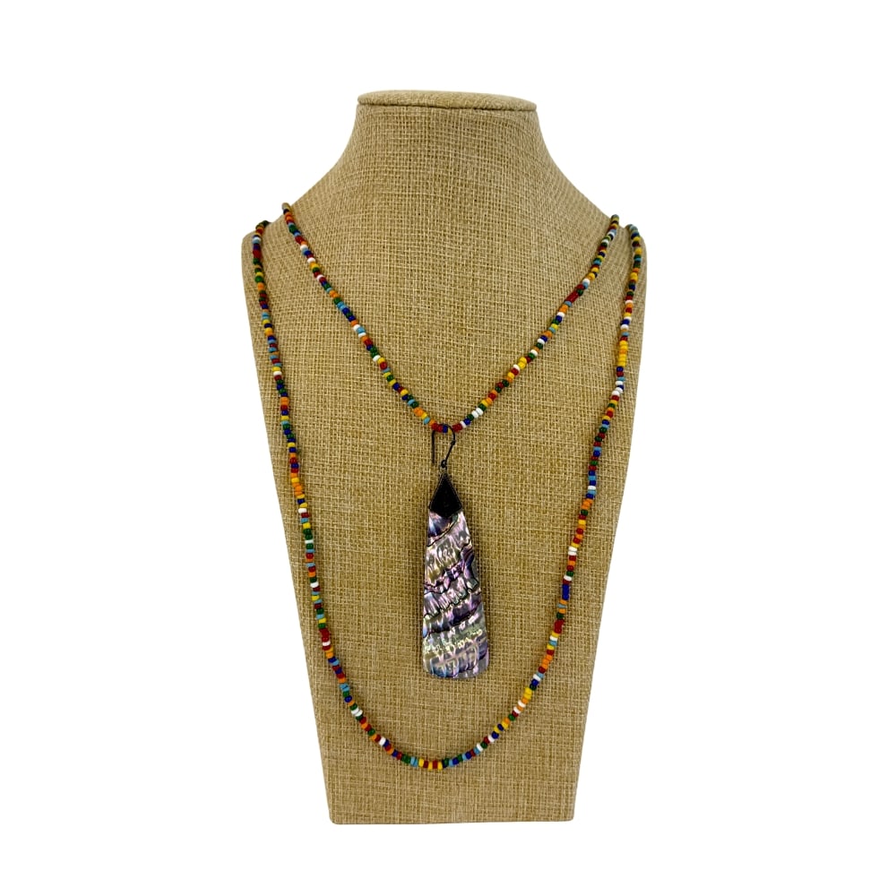 BOHO BEADED NECKLACE: Dimensions: H 19.5”. Boho long beaded necklace with abalone shell pendant.