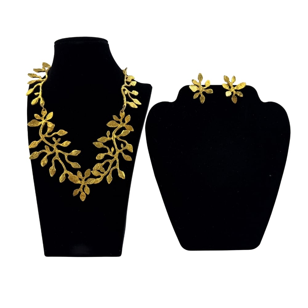 CECILE JEANNE NECKLACE AND EARRINGS: Dimensions: W 8”/ Earrings W 1.5”. Vintage Cecile Jeanne gold plated leaf necklace with matching earrings.