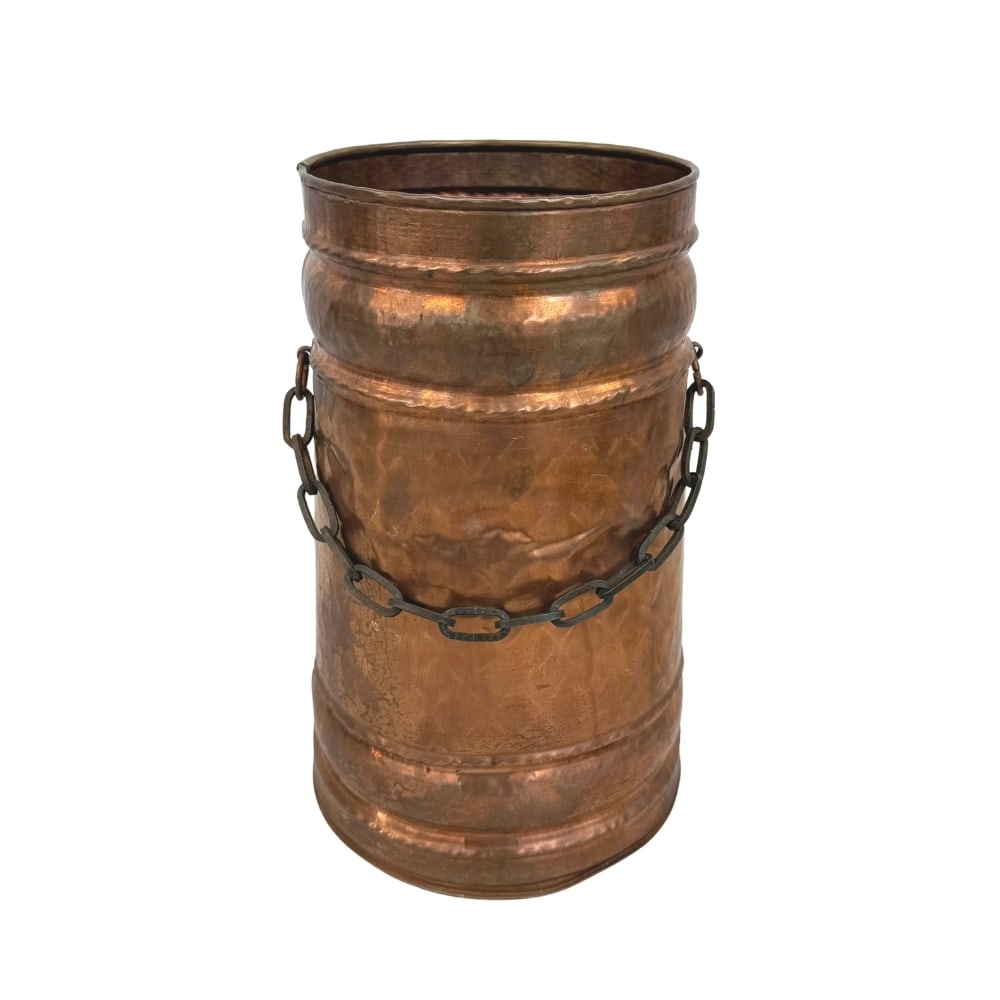 ANTIQUE COPPER UMBRELLA STAND: Dimensions: H 15.5” x W 7.5”. Antique copper umbrella stand with iron chain handle.