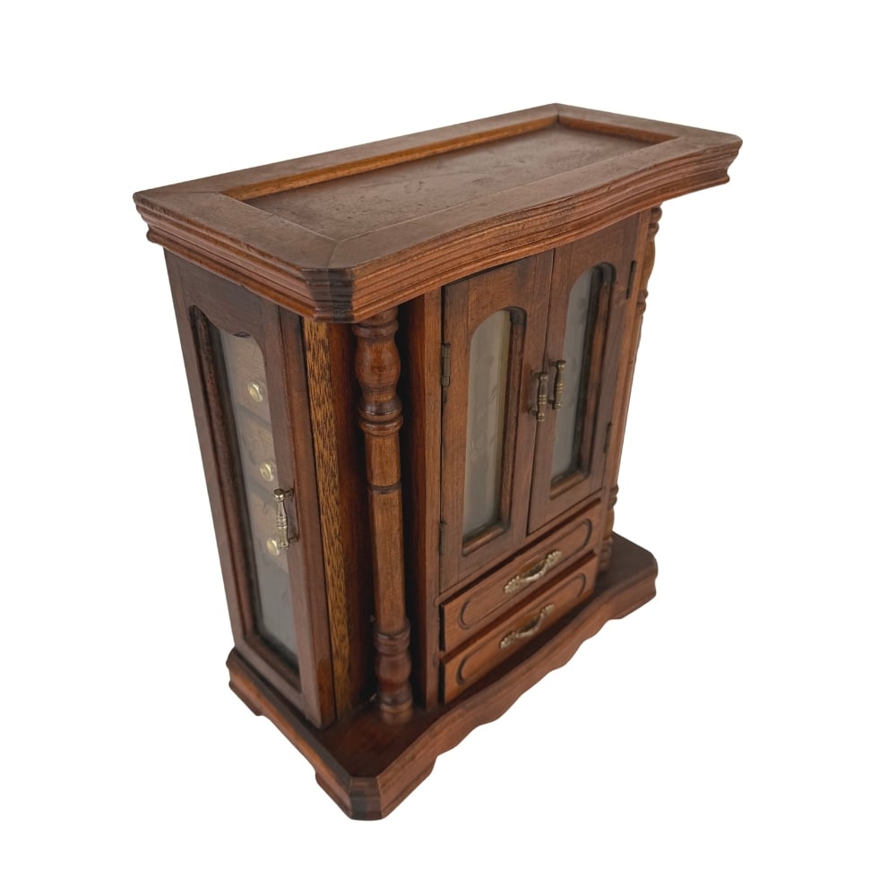 ANTIQUE FRENCH MINIATURE ARMOIRE: Dimensions: H 12.3” x W 10.7” x D 5.5”. Antique French miniature Armoire / jewelry box with floral glass doors and small drawers.