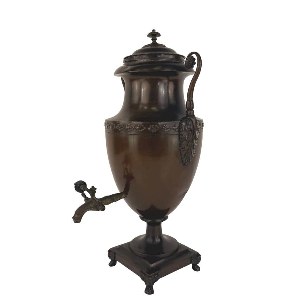 ANTIQUE FRENCH COPPER SAMOVAR: Dimensions: H 21.3” x W 8.5”. Antique urn shape copper and brass samovar.