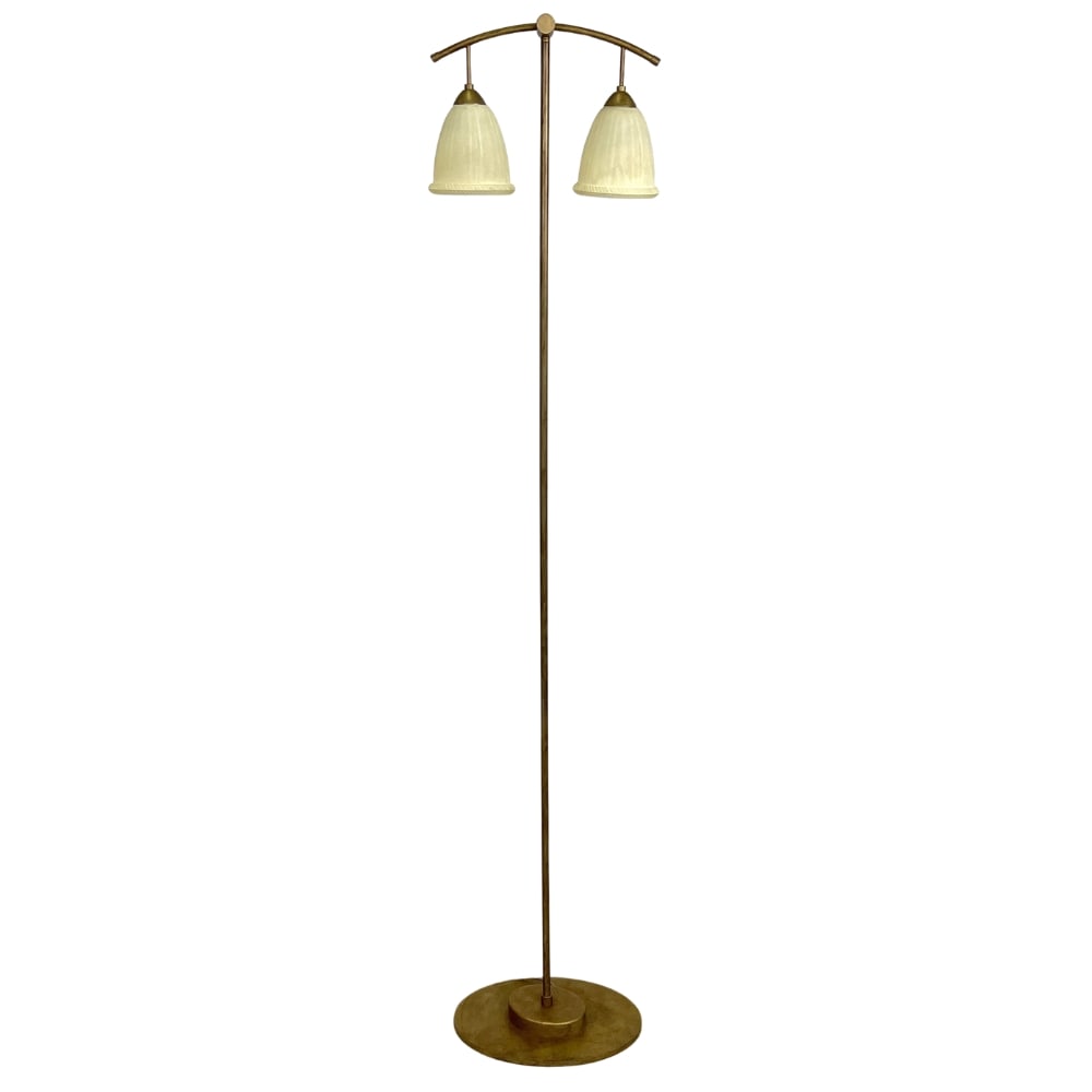 BRASS FLOOR LAMP: Dimensions: H 63.5" x W 12.5" x W (base) 12". Italian Brass floor lamp with two glass shades.