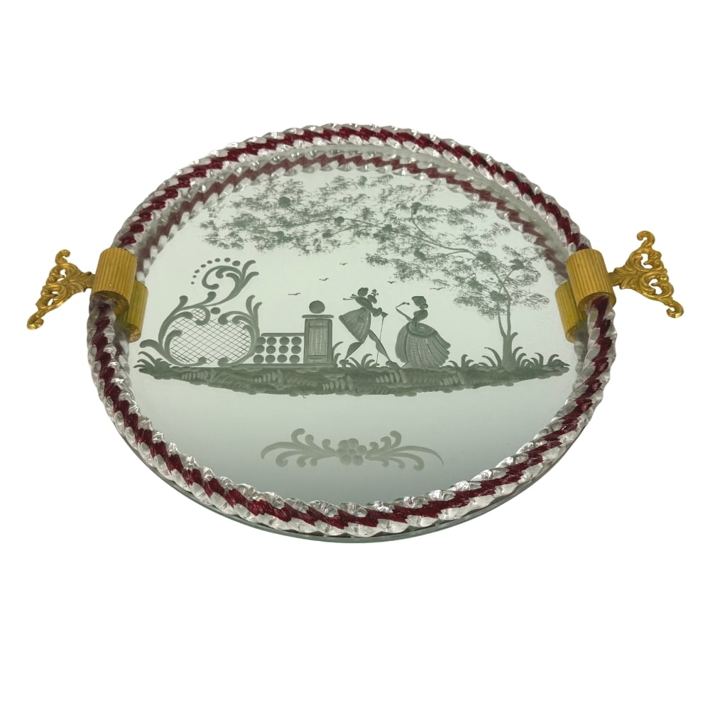 ITALIAN MURANO SERVING TRAY FROM ERCOLE BAROVIER: Dimensions: H 1.5” x W 17”. Italian mirror-engraved Murano glass serving tray by Ercole Barovier.