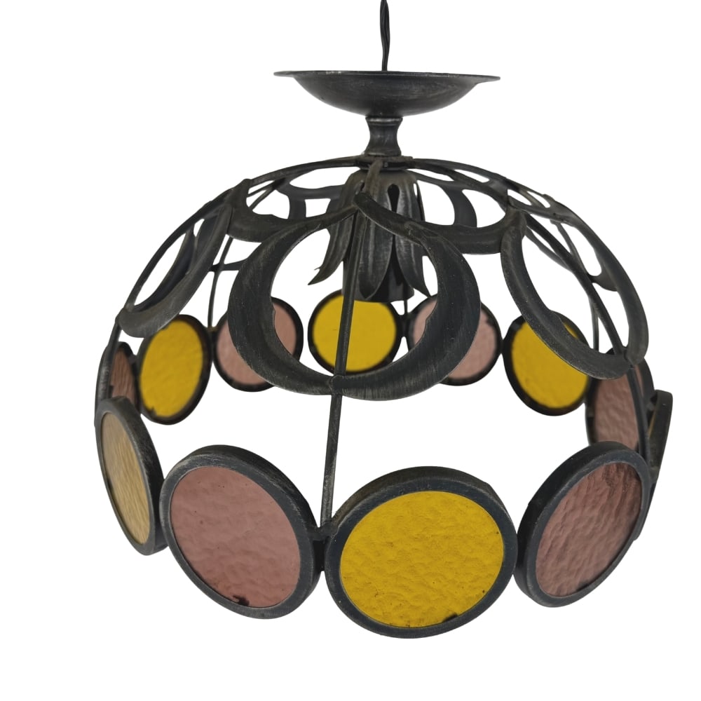 ANTIQUE STAINED GLASS CHANDELIER: Dimensions: H 9” x W 11”. Antique cast iron and colored glass chandelier.