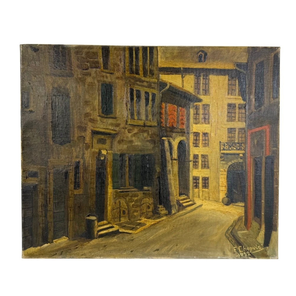 F. CHAPUIS OIL ON CANVAS, 1952: Dimensions: H 15” x W 18.3". F. Chapuis oil on canvas painting “French street”.