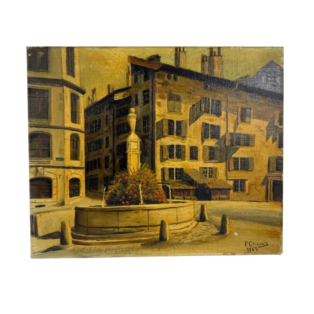F. CHAPUIS OIL ON CANVAS, 1952: Dimensions: H 15” x W 18.3". F. Chapuis oil on canvas painting “Sion, Fontaine du Lion et Maison de Rivaz”.
