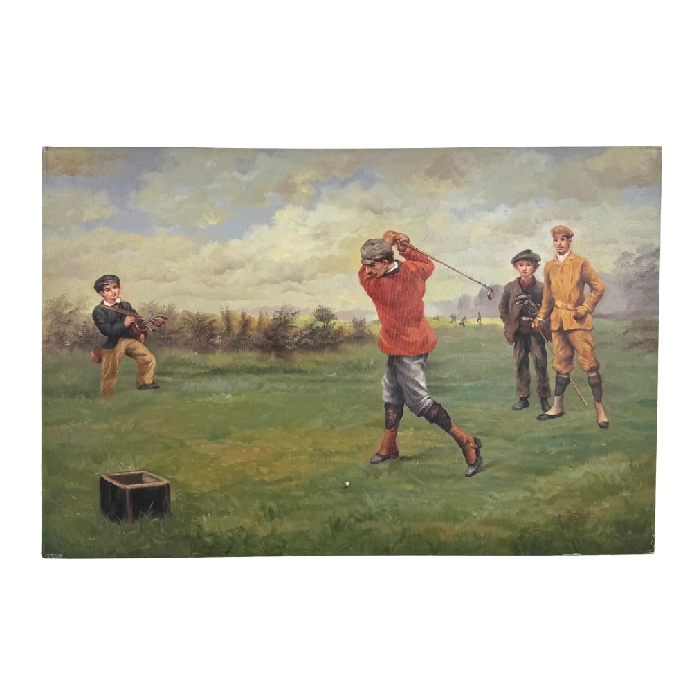 GOLF SCENE OIL ON CANVAS, SIGNED: Dimensions: H 24” x W 36”. Golf scene oil on canvas painting. Signed.