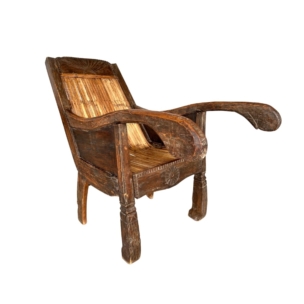 ANTIQUE 18C ARMCHAIR: Dimensions: H 38" x W 23.5" x D 49" x SH 18". Antique South Asian hand carved armchair.