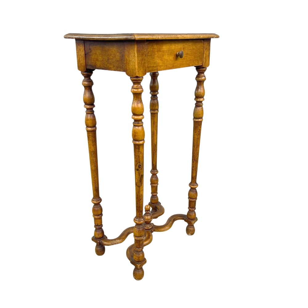 LOUIS XIV PEDESTAL TABLE: Dimensions: H 26.5” x W 13.7” x D 9.5”. Small Louis XIV style pedestal table with turned legs and one central drawer.