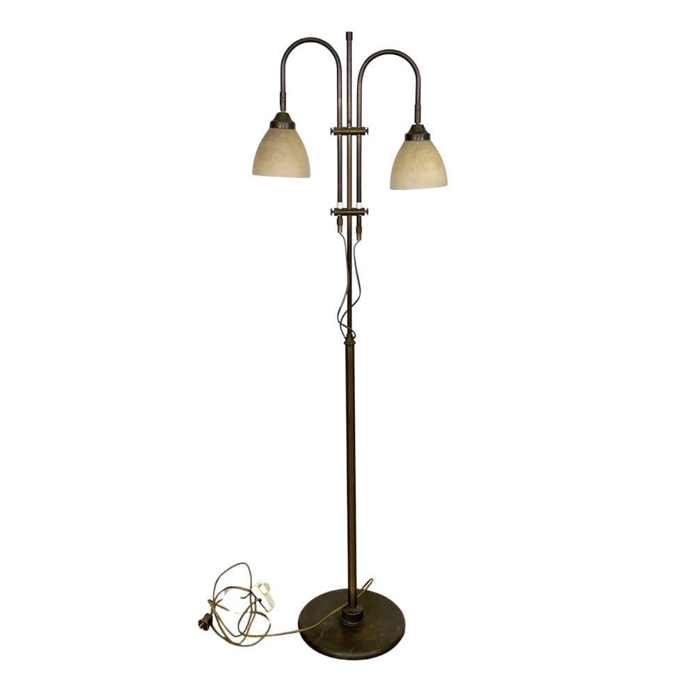 VINTAGE FLOOR LAMP: Dimensions: H 59.7" x W 18" x W (base) 11.5". Vintage floor lamp with two adjustable glass shades.