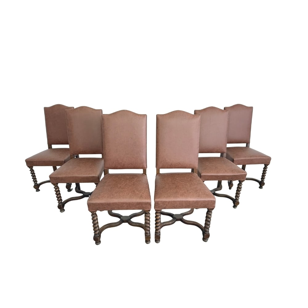 (6) LOUIS XIII STYLE DINING CHAIRS: Dimensions: H 43” x W 19” x D 22.7”. Set of 6 Louis XIII style dining chairs, newly upholstered in brown faux leather upholstery.