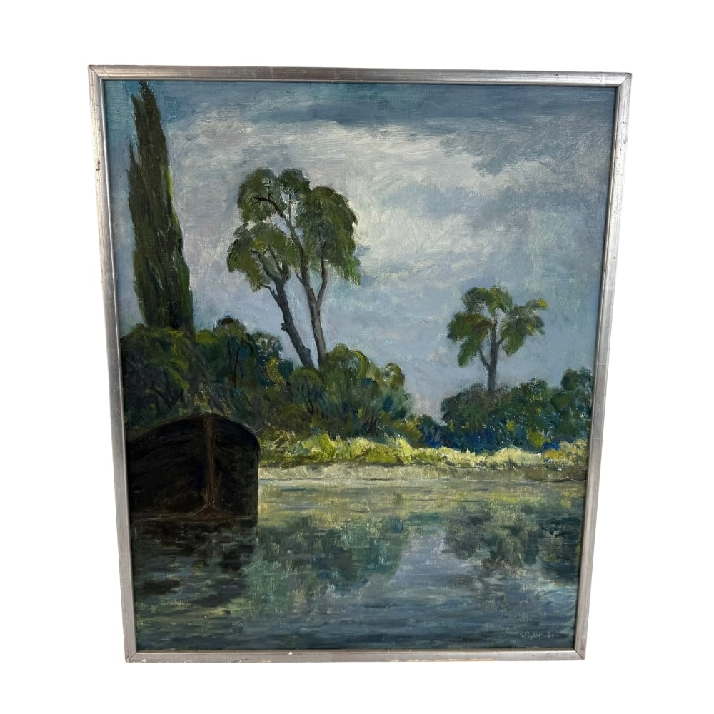 RYTER OIL PAINTING, 1986: Dimensions: H 24.7” x W 20.3”. Oil on canvas painting with silver painted wooden frame by Ryter.